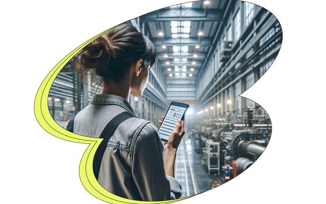 Woman in factory uses Employee App for HR-Portal, Flip Flows, Agentic AI, Mitarbeiterplattform.