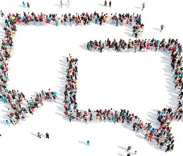 Large group of people forming speech bubbles, symbolizing internal communication and employee engagement.