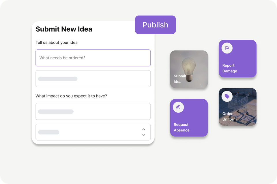 B2B-SaaS Employee App UI: Submit Idea, Report Damage, Request Absence, Order Uniform, HR-Portal.