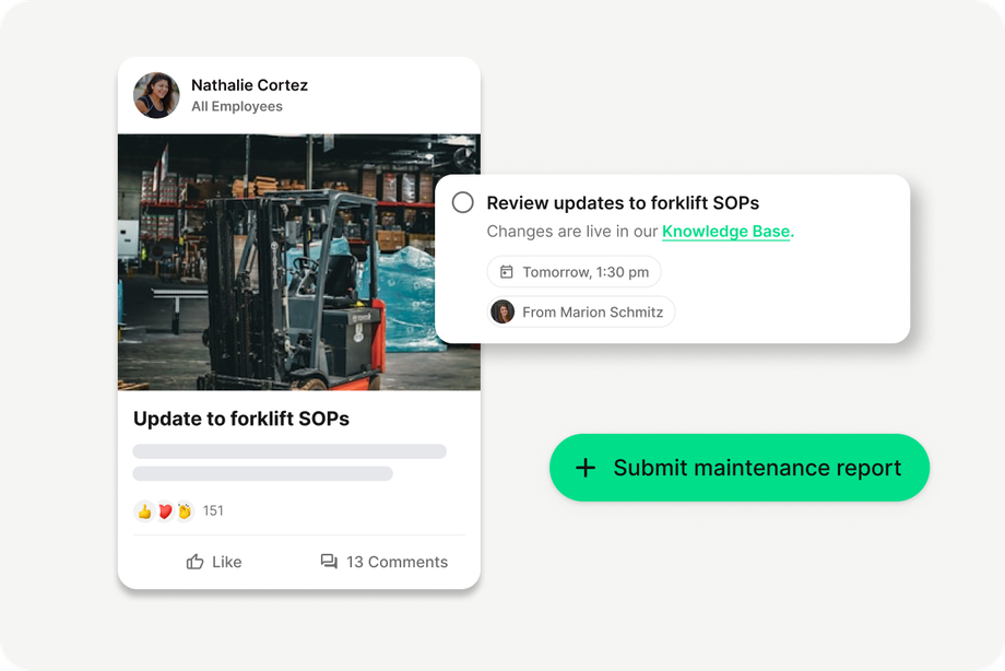 B2B-SaaS Mitarbeiterplattform UI: Update to forklift SOPs, Knowledge Base, Submit maintenance report.