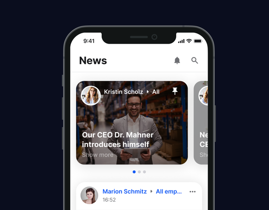 Employee App: News feed with Our CEO Dr. Mahner introduces himself for frontline engagement.