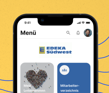 Ausschnitt einer Mitarbeiterplattform-App mit Menü, EDEKA Südwest, Mitarbeiterverzeichnis.