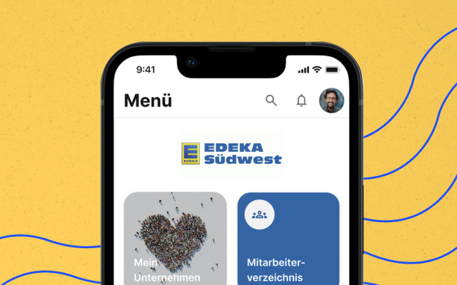 Ausschnitt einer Mitarbeiterplattform-App mit Menü, EDEKA Südwest, Mitarbeiterverzeichnis.