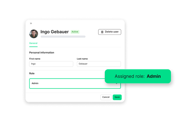 User interface showing admin role assignment for Ingo Gebauer; Assigned role: Admin highlighted.