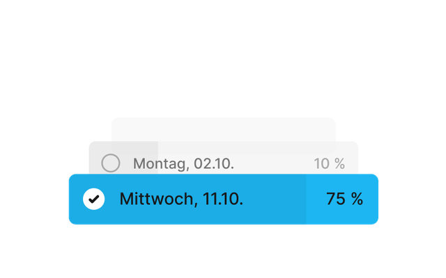 Umfrage-UI der Mitarbeiterplattform: Montag, 02.10. 10 % und Mittwoch, 11.10. 75 %.