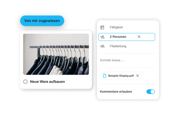 B2B-SaaS Mitarbeiterplattform: Flip Flows, HR-Portal, Aufgaben Neue Ware aufbauen, 2 Personen.