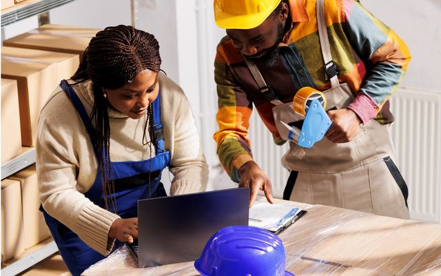 Two warehouse workers use a laptop for HR-Software, Employee App, Agentic AI for frontline tasks.
