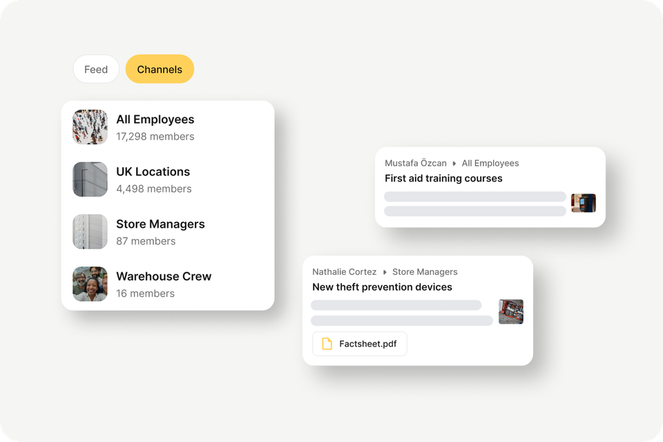 B2B-SaaS Employee Experience Platform UI with channels, HR-Portal, Employee App, Flip Flows.