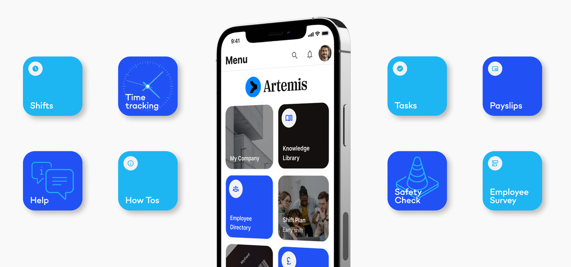 Mobile app interface with various work-related icons.