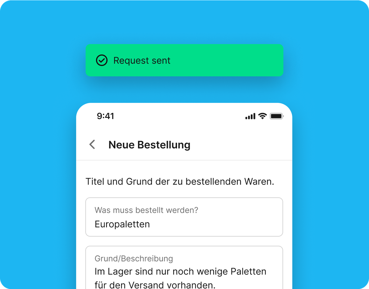 Flip Mitarbeiter App UI: Request sent, Neue Bestellung, Agentic AI für die Frontline, HR-Portal, Intranet.
