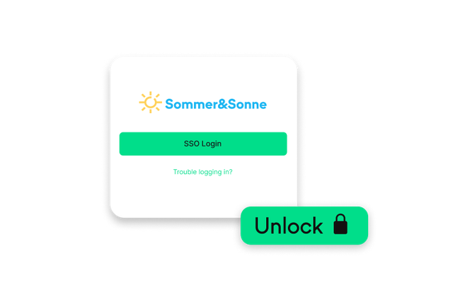 Login-UI mit Sommer&Sonne, SSO Login, Unlock-Button; sicheres HR-Portal, Mitarbeiterplattform.
