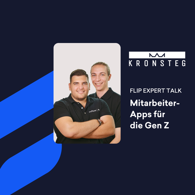 Zwei Männer, Text: KRONSTEG FLIP EXPERT TALK Mitarbeiter-Apps für die Gen Z, Mitarbeiterplattform.