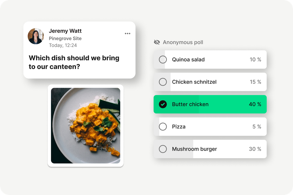 Employee App UI: Anonymous poll on canteen dish, Butter chicken leads with 40%. Employee Engagement.