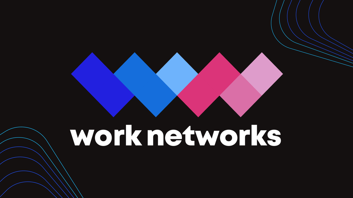 Logo with colorful diamonds and text work networks on black background, decorative design.