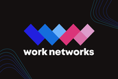 Logo with colorful diamonds and text work networks on black background, decorative design.