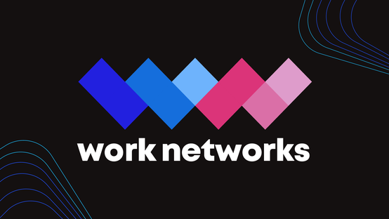 Logo with colorful diamonds and text work networks on black background, decorative design.