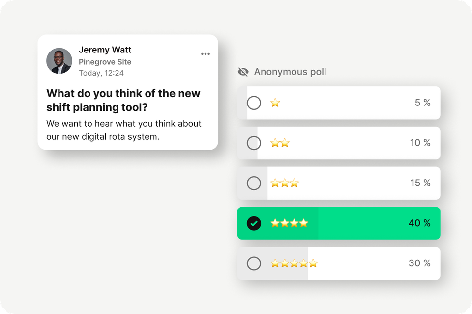 Employee Experience Platform UI: Anonymous poll on shift planning tool, empowering frontline feedback.