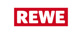 REWE Logo, weißer Text auf rotem Hintergrund.