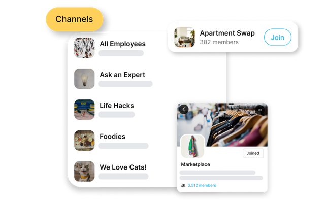 B2B-SaaS Employee App UI with channels: All Employees, Ask an Expert, Life Hacks, Foodies, We Love Cats!, Apartment Swap, Mar