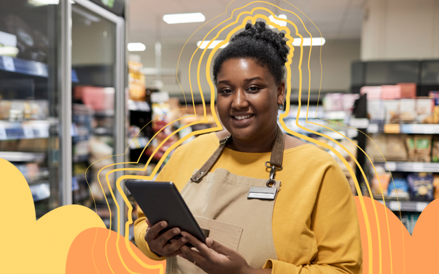 Frontline employee using Employee App, Flip Flows, Agentic AI for frontline, HR-Portal in store.