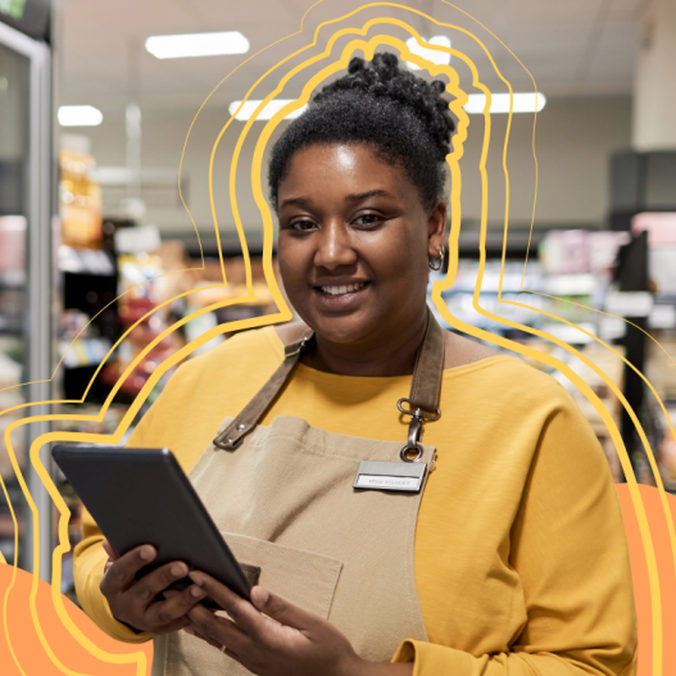 Store employee with tablet in grocery aisle, colorful overlay.