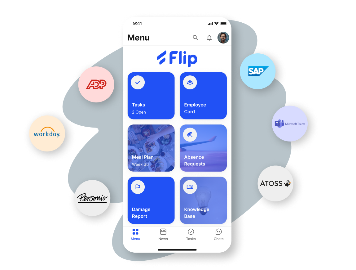 Flip Mitarbeiter App: Tasks, Employee Card, Absence Requests, HR-Portal, Employee Experience Platform.