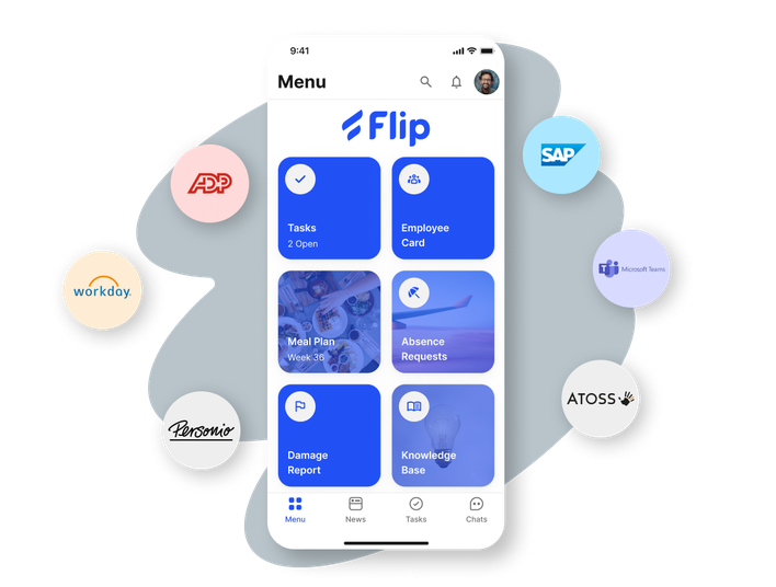 Mobile app interface with task management and company logos.