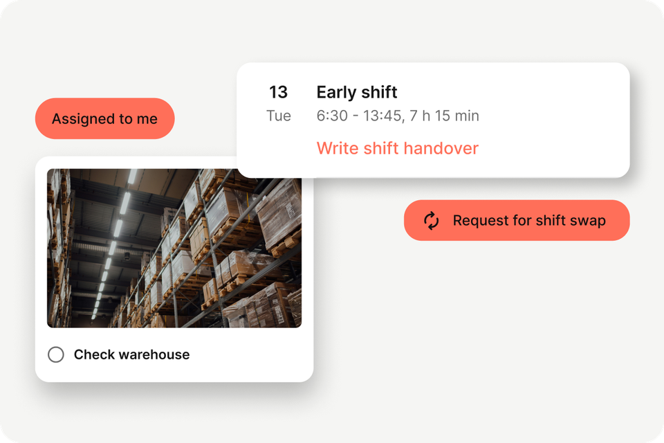 B2B-SaaS Employee App UI: Assigned shift, warehouse check, shift swap, HR-Portal, Employee Experience Platform.
