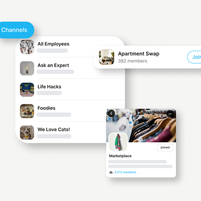 Channels list UI for employee engagement: All Employees, Ask an Expert, Life Hacks, Foodies, We Love Cats!, Apartment Swap, M