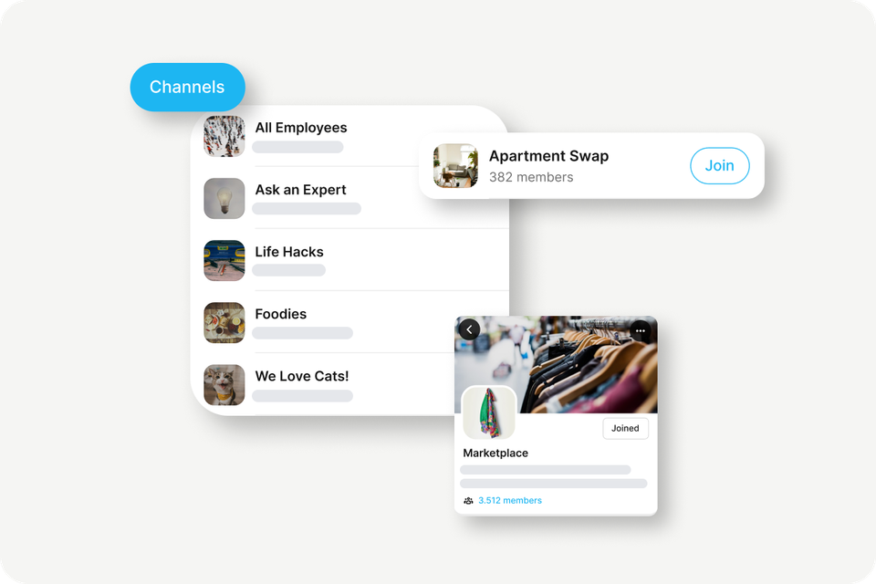 Channels list UI for employee engagement: All Employees, Ask an Expert, Life Hacks, Foodies, We Love Cats!, Apartment Swap, M
