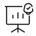 Minimalist icon of a presentation board with a notification bell and checkmark, black outline.