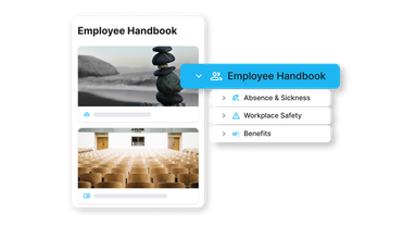 Employee Handbook UI with Absence & Sickness, Workplace Safety, Benefits; Employee Experience Platform.