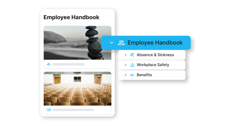 Employee Handbook UI with Absence & Sickness, Workplace Safety, Benefits; Employee Experience Platform.