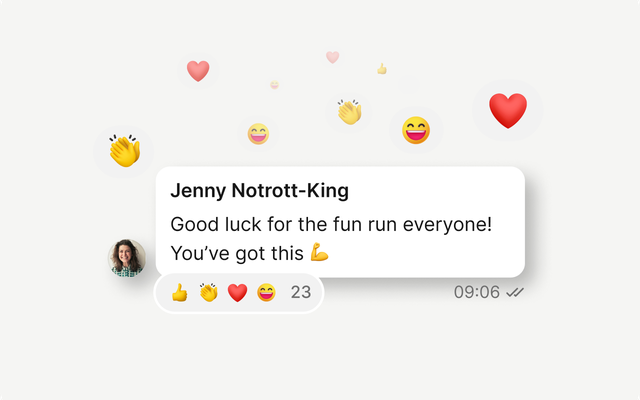 Chat message with reactions in Employee Experience Platform; Good luck for the fun run everyone!