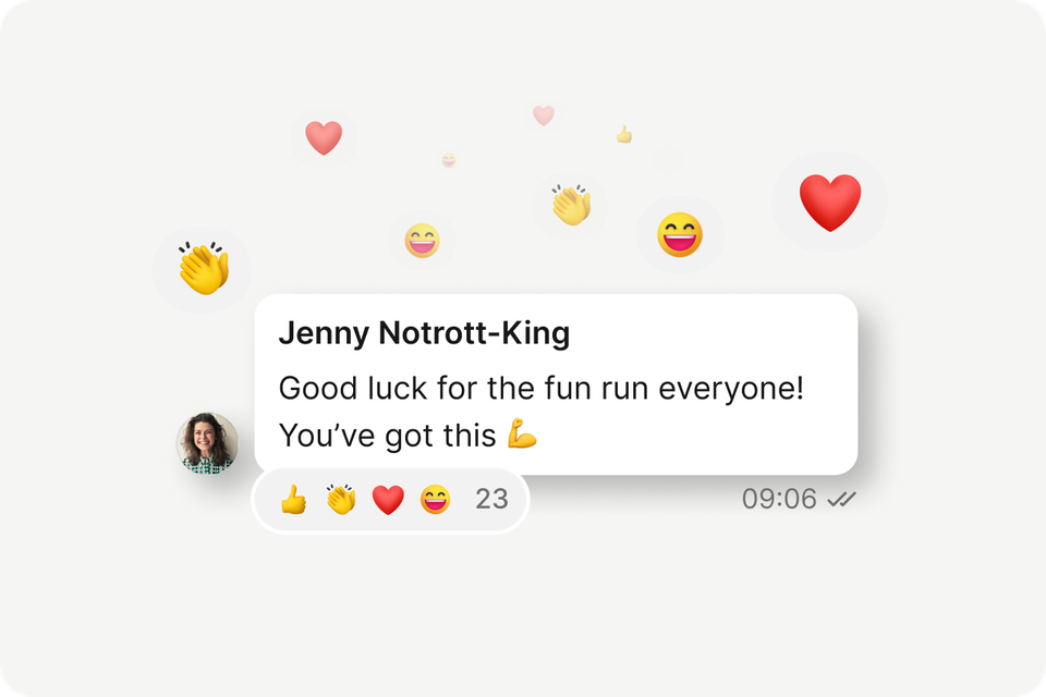 Chat message with reactions in Employee Experience Platform; Good luck for the fun run everyone!