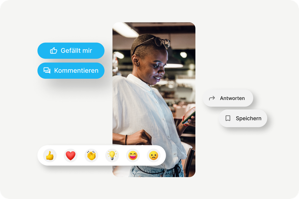 Mitarbeiter App mit Funktionen wie Gefällt mir, Kommentieren, Flip Flows, Employee Engagement.
