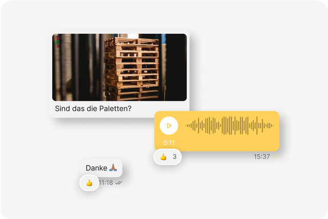Chat-UI der Mitarbeiter App mit Bild, Sprachnachricht und Text: Sind das die Paletten?, Danke 🙏🏻.