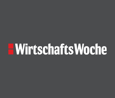 WirtschaftsWoche Logo auf grauem Hintergrund, weißer Text mit roten Quadraten links.
