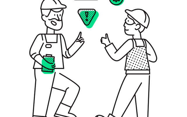 Two workers with digital alerts, symbolizing Employee App, HR-Portal, Agentic AI für die Frontline.