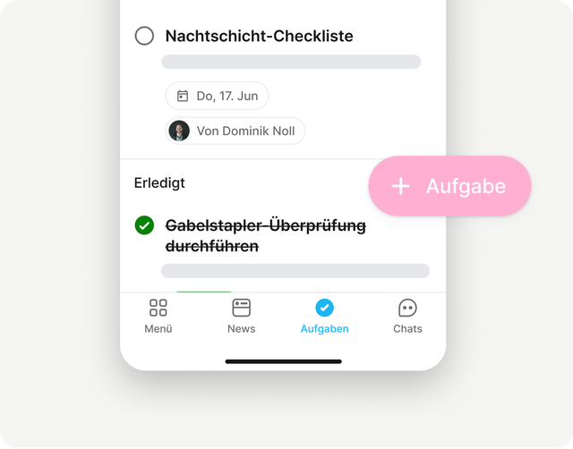 App-Bildschirm mit Nachtschicht-Checkliste und erledigter Aufgabe.