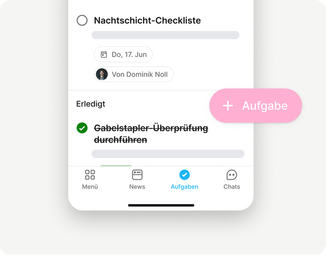 App-Bildschirm mit Nachtschicht-Checkliste und erledigter Aufgabe.
