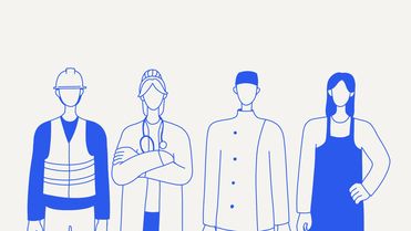 Illustration of four frontline workers: construction, healthcare, chef, and service roles.