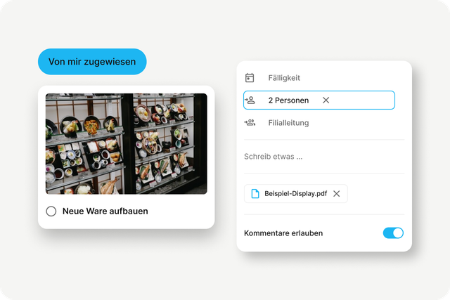 B2B-SaaS Mitarbeiterplattform UI: Von mir zugewiesen, Neue Ware aufbauen, HR-Portal, Employee App.