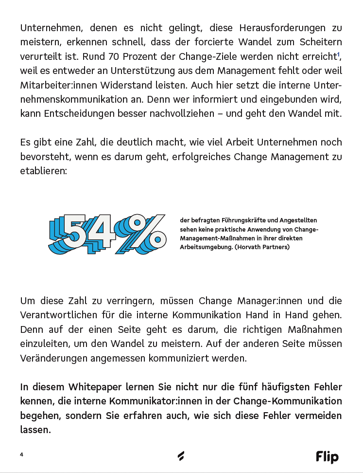 54 % der befragten Führungskräfte sehen keine Change-Management-Maßnahmen im Arbeitsalltag. Flip, Mitarbeiterplattform, Emplo