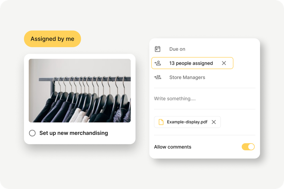 B2B-SaaS UI: Set up new merchandising task, 13 people assigned, empowering frontline ops.