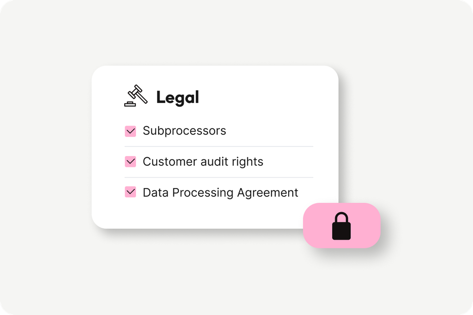 Legal: Subprocessors, Customer audit rights, Data Processing Agreement, pink lock icon shown.