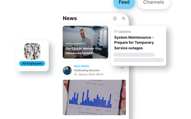 B2B-SaaS Mitarbeiterplattform: News, IT-Updates, Employee App, HR-Portal, Employee Engagement.