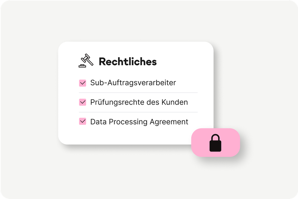 Rechtliches: Sub-Auftragsverarbeiter, Prüfungsrechte des Kunden, Data Processing Agreement, Schloss-Symbol.