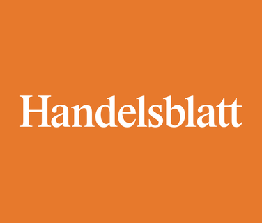 Handelsblatt Logo auf orangefarbenem Hintergrund.