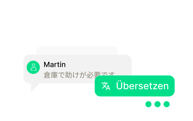 Chat-UI mit Martin, japanischer Nachricht und Button Übersetzen; Mitarbeiter App, HR-Software.